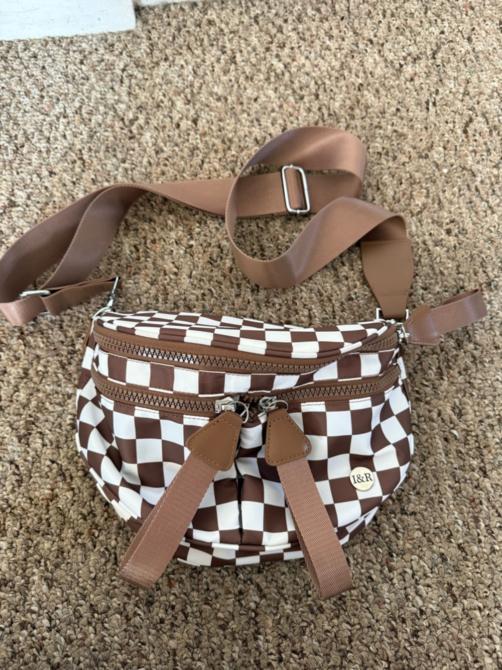Brown & White Checkerboard Crossbody Bag